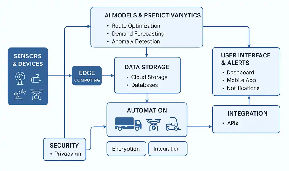 (Key components such as data collection, AI-driven analytics, automation, user interfaces, integration, and security for optimized logistics operations)