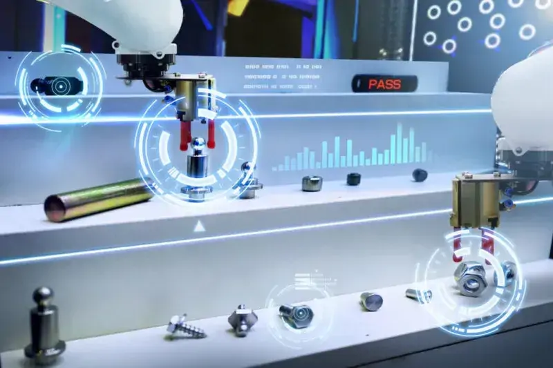 Robots inspect product quality using AI and computer vision technology in smart production lines.